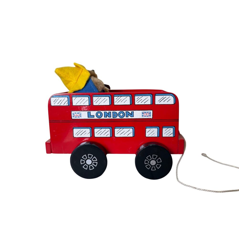 Vintage Paddington Bear Wooden Pull Toy London Double Decker Bus Plush Figure